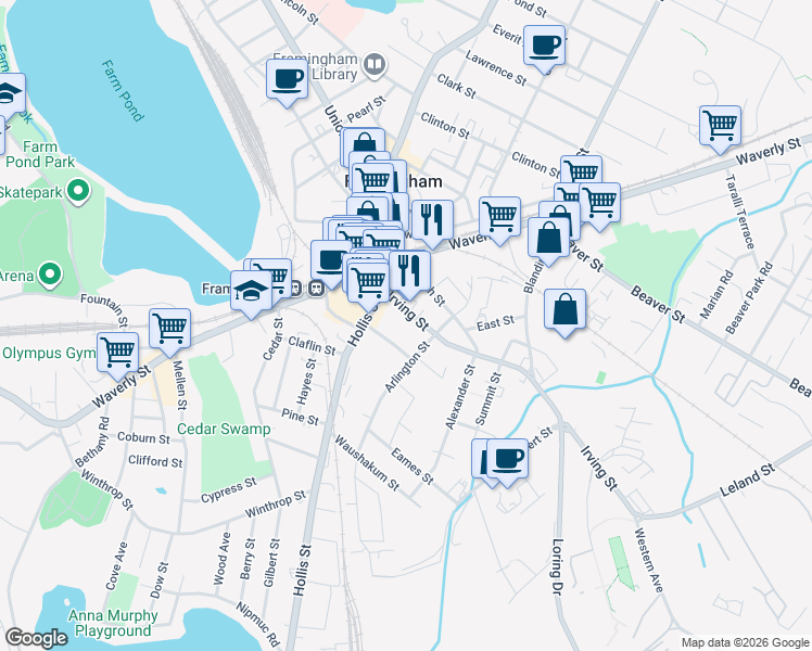 map of restaurants, bars, coffee shops, grocery stores, and more near 33 Arlington Street in Framingham