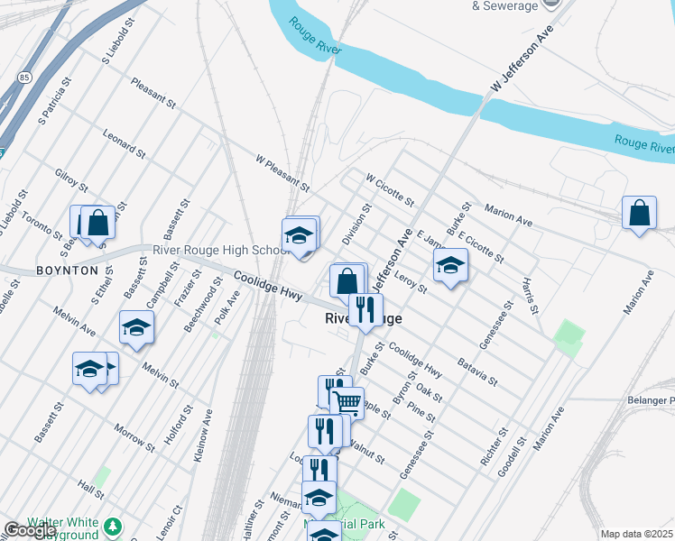 map of restaurants, bars, coffee shops, grocery stores, and more near 1440 Coolidge Highway in River Rouge