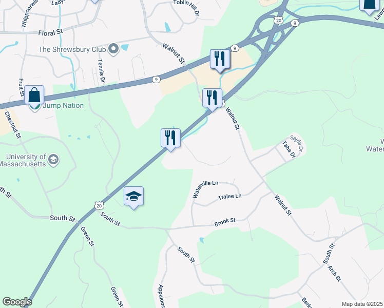 map of restaurants, bars, coffee shops, grocery stores, and more near 8223 Avalon Way in Shrewsbury