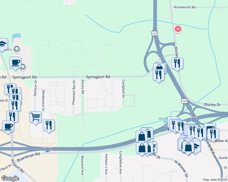 map of restaurants, bars, coffee shops, grocery stores, and more near 1903 Springport Road in Jackson