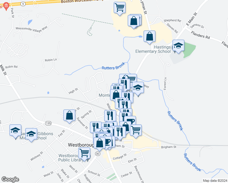 map of restaurants, bars, coffee shops, grocery stores, and more near 14 Water Street in Westborough