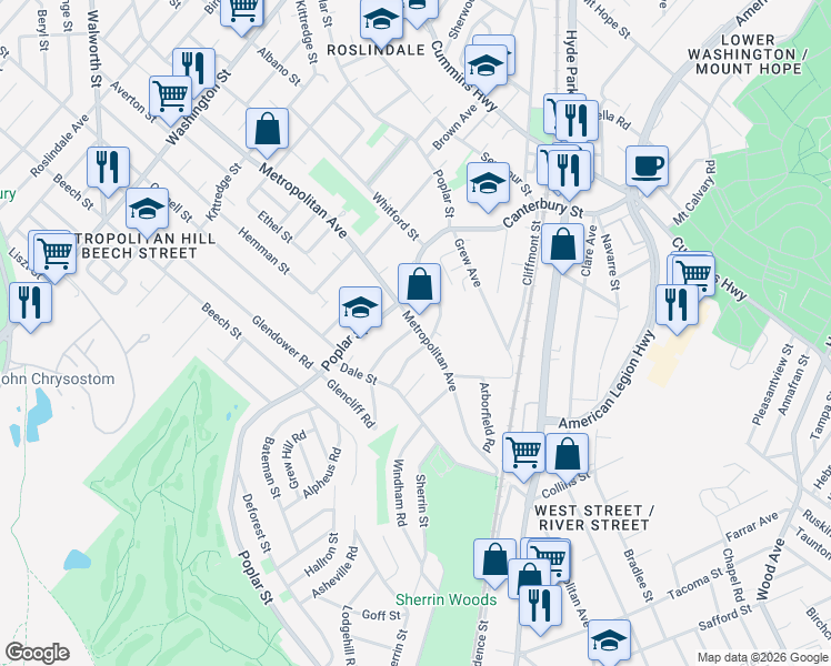 map of restaurants, bars, coffee shops, grocery stores, and more near 79 Maynard Street in Boston