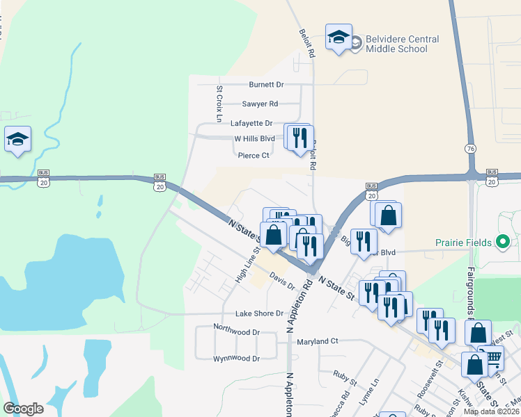 map of restaurants, bars, coffee shops, grocery stores, and more near 1800 Doc Wolf Drive in Belvidere