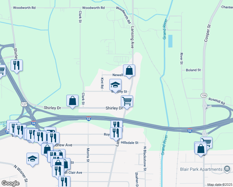 map of restaurants, bars, coffee shops, grocery stores, and more near 559 Murphy Street in Jackson