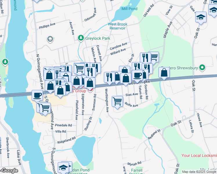 map of restaurants, bars, coffee shops, grocery stores, and more near 242 Boston Turnpike in Shrewsbury