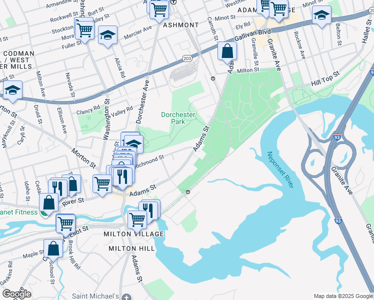 map of restaurants, bars, coffee shops, grocery stores, and more near 1078 Adams Street in Boston