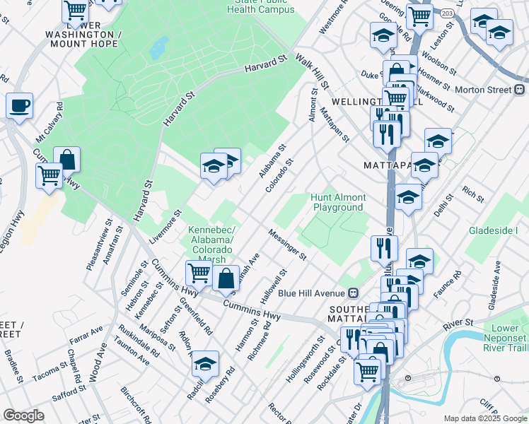 map of restaurants, bars, coffee shops, grocery stores, and more near 80 Messinger Street in Boston