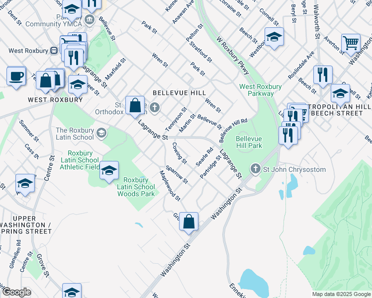 map of restaurants, bars, coffee shops, grocery stores, and more near 14 Loyola Circle in Boston