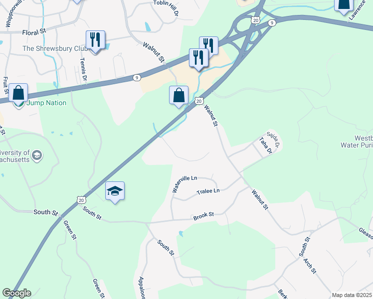 map of restaurants, bars, coffee shops, grocery stores, and more near 8223 Avalon Way in Shrewsbury