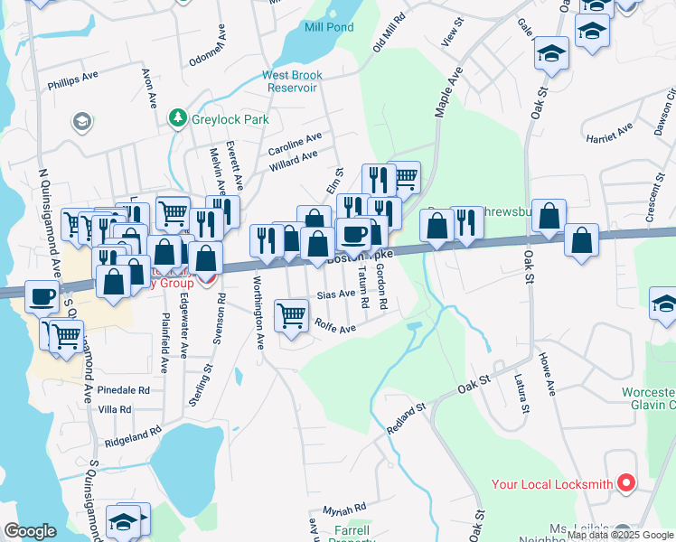 map of restaurants, bars, coffee shops, grocery stores, and more near 33 Sias Avenue in Shrewsbury