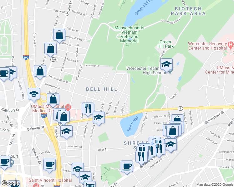 map of restaurants, bars, coffee shops, grocery stores, and more near 38 Everard Street in Worcester