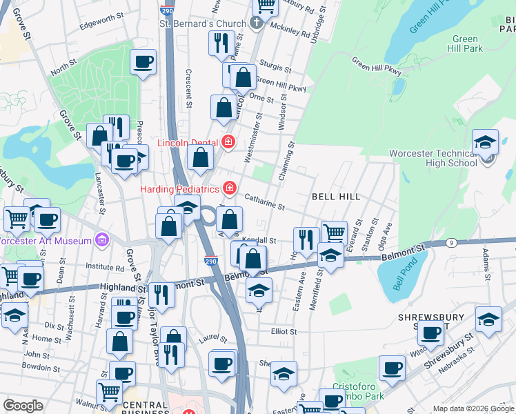 map of restaurants, bars, coffee shops, grocery stores, and more near 38 Oak Avenue in Worcester