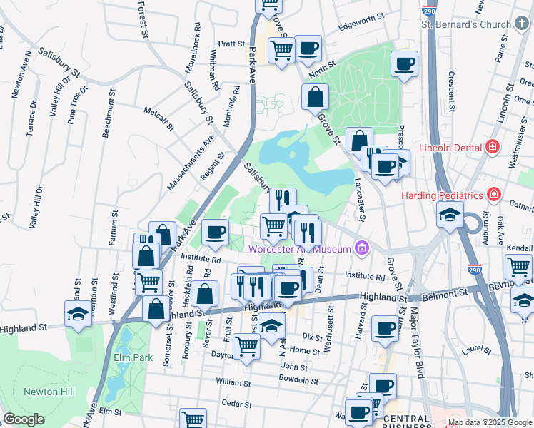 map of restaurants, bars, coffee shops, grocery stores, and more near 100 Institute Road in Worcester