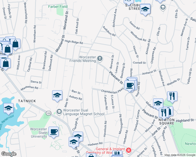 map of restaurants, bars, coffee shops, grocery stores, and more near 11 Kensington Heights in Worcester