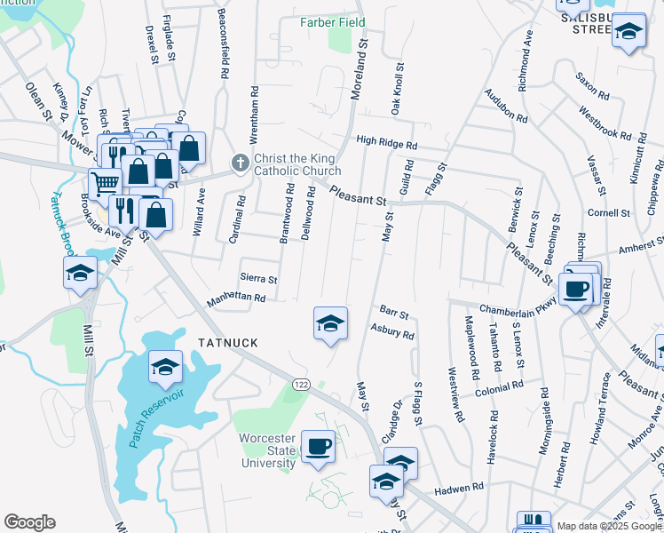 map of restaurants, bars, coffee shops, grocery stores, and more near 90 Moore Avenue in Worcester