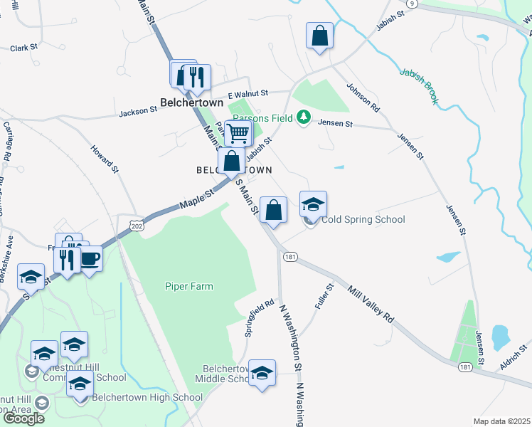map of restaurants, bars, coffee shops, grocery stores, and more near 45 South Main Street in Belchertown