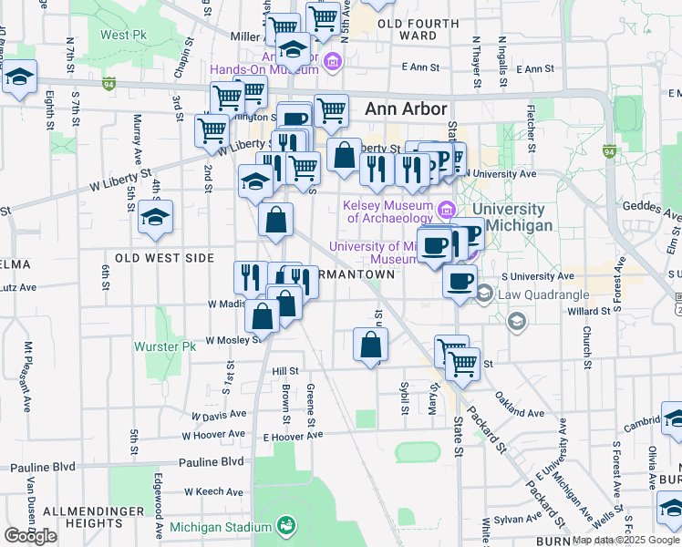 map of restaurants, bars, coffee shops, grocery stores, and more near 554 South 5th Avenue in Ann Arbor