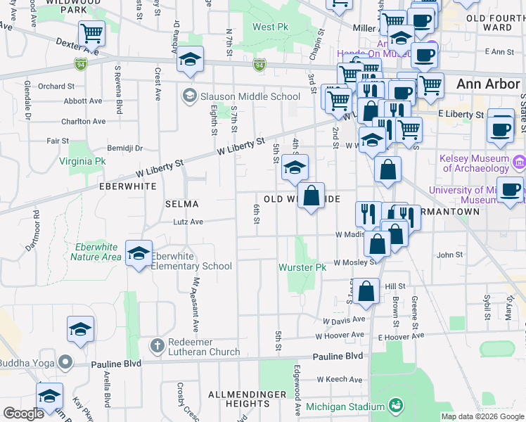 map of restaurants, bars, coffee shops, grocery stores, and more near 545 6th Street in Ann Arbor