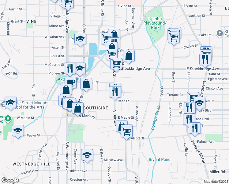 map of restaurants, bars, coffee shops, grocery stores, and more near 1717 South Burdick Street in Kalamazoo