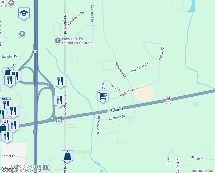 map of restaurants, bars, coffee shops, grocery stores, and more near 211 Lily Lane in Rockford
