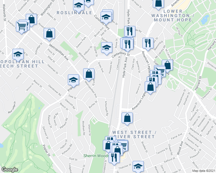 map of restaurants, bars, coffee shops, grocery stores, and more near 119 Grew Avenue in Boston