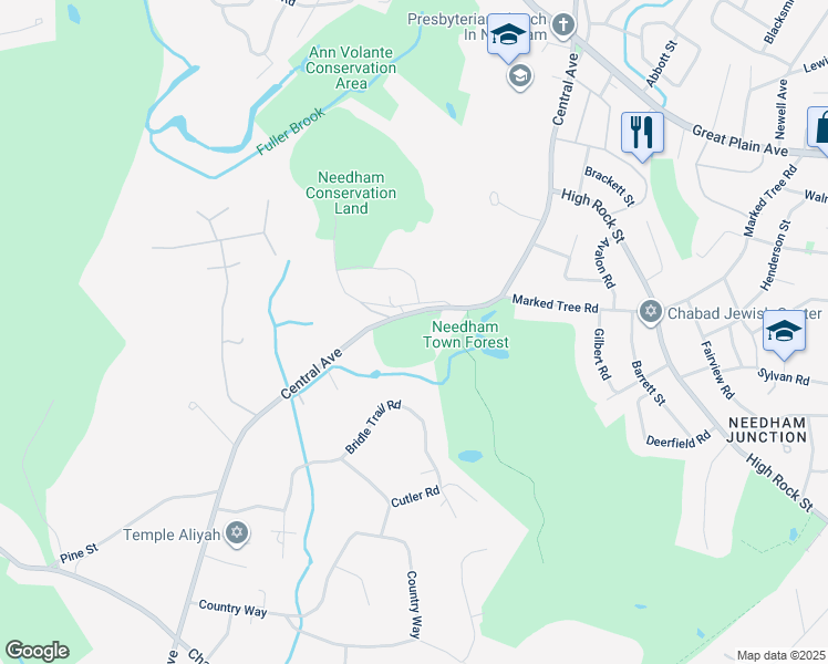map of restaurants, bars, coffee shops, grocery stores, and more near 1380 Central Avenue in Needham