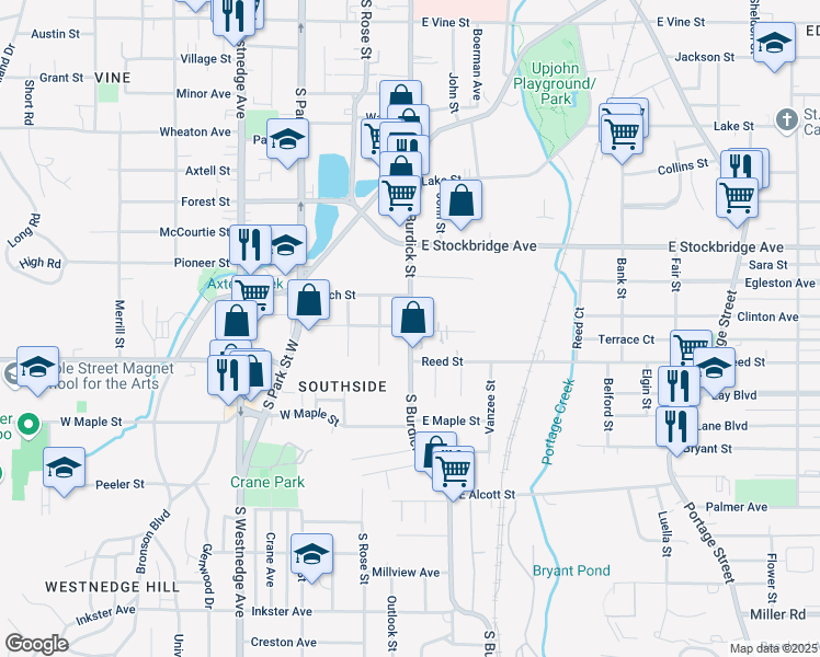map of restaurants, bars, coffee shops, grocery stores, and more near 1717 South Burdick Street in Kalamazoo
