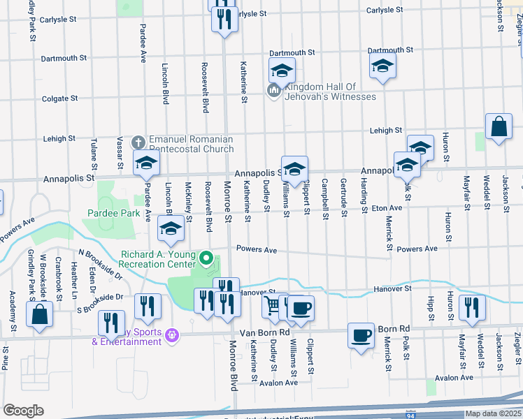 map of restaurants, bars, coffee shops, grocery stores, and more near 4936 Dudley Street in Dearborn Heights