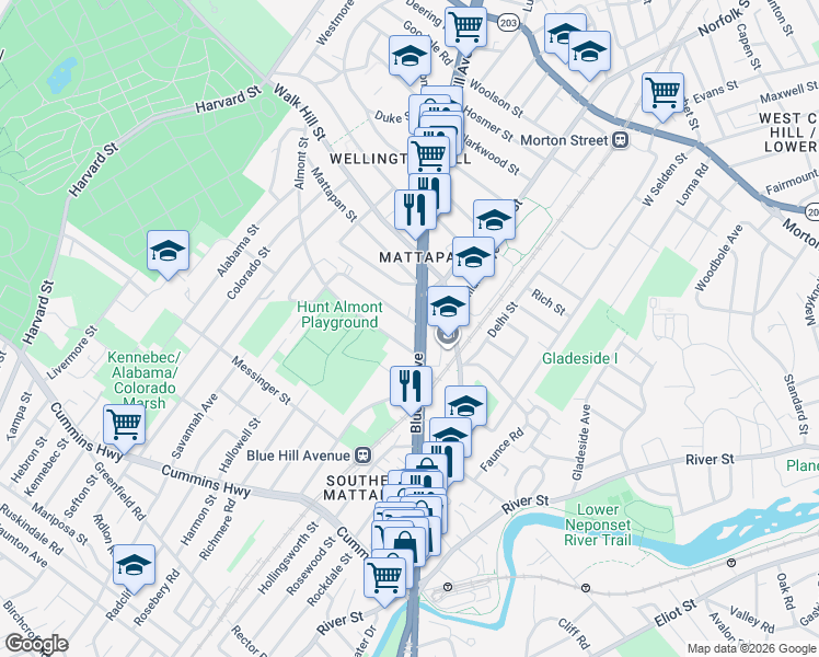 map of restaurants, bars, coffee shops, grocery stores, and more near 1439 Blue Hill Avenue in Boston