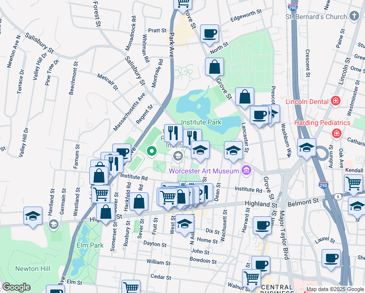 map of restaurants, bars, coffee shops, grocery stores, and more near 200 West Street in Worcester