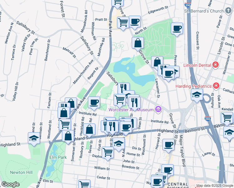 map of restaurants, bars, coffee shops, grocery stores, and more near 200 West Street in Worcester