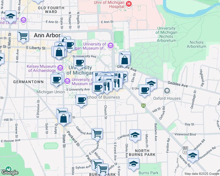 map of restaurants, bars, coffee shops, grocery stores, and more near 611 Church Street in Ann Arbor