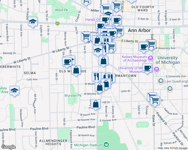 map of restaurants, bars, coffee shops, grocery stores, and more near 531 South 1st Street in Ann Arbor