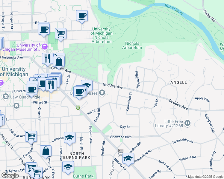 map of restaurants, bars, coffee shops, grocery stores, and more near 1912 Geddes Avenue in Ann Arbor