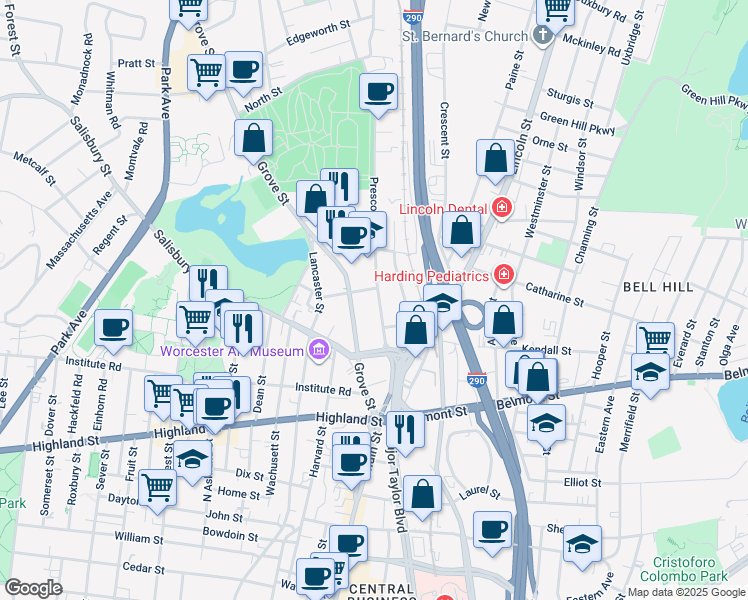 map of restaurants, bars, coffee shops, grocery stores, and more near 65 Prescott Street in Worcester