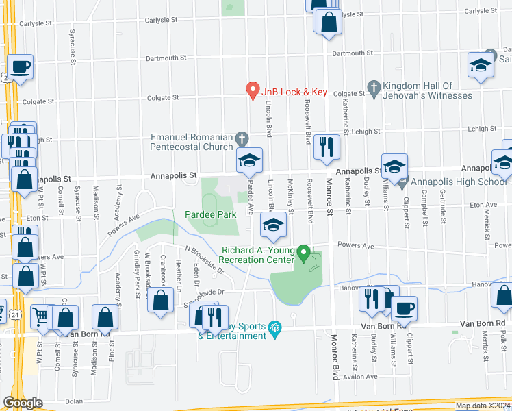 map of restaurants, bars, coffee shops, grocery stores, and more near 4709 Pardee Avenue in Dearborn Heights