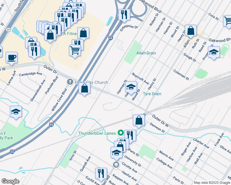 map of restaurants, bars, coffee shops, grocery stores, and more near in Melvindale