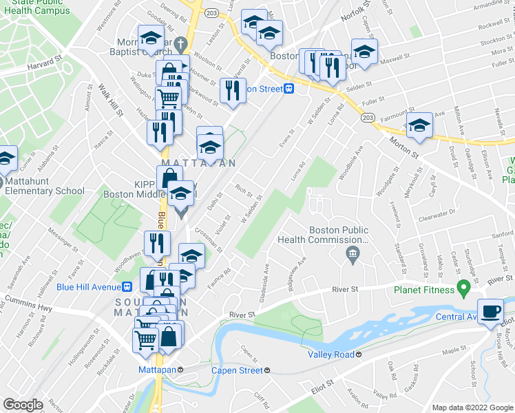 map of restaurants, bars, coffee shops, grocery stores, and more near 174 West Selden Street in Boston