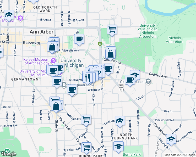 map of restaurants, bars, coffee shops, grocery stores, and more near 611 Church Street in Ann Arbor