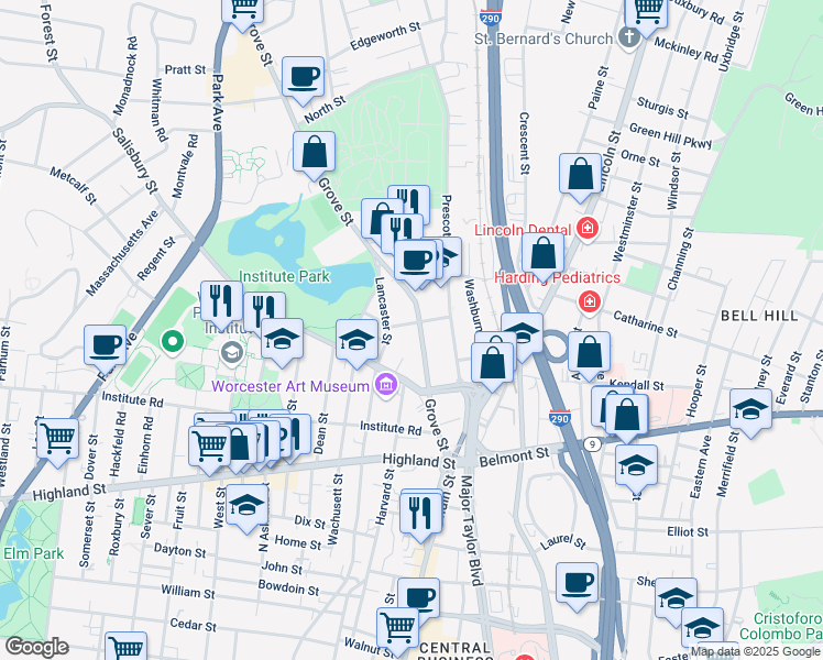map of restaurants, bars, coffee shops, grocery stores, and more near 10 Faraday Street in Worcester