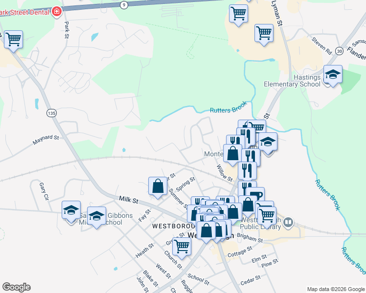 map of restaurants, bars, coffee shops, grocery stores, and more near 16C Mayberry Drive in Westborough