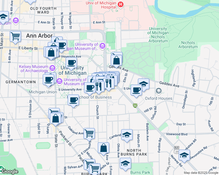 map of restaurants, bars, coffee shops, grocery stores, and more near 1305 South University Avenue in Ann Arbor
