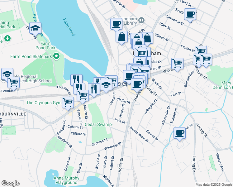 map of restaurants, bars, coffee shops, grocery stores, and more near 35 Cedar Street in Framingham