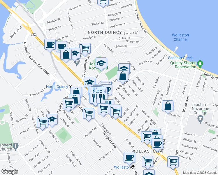 map of restaurants, bars, coffee shops, grocery stores, and more near 55 Glover Avenue in Quincy