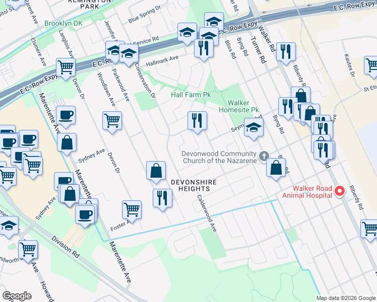map of restaurants, bars, coffee shops, grocery stores, and more near 3294 Candlewood Crescent in Windsor