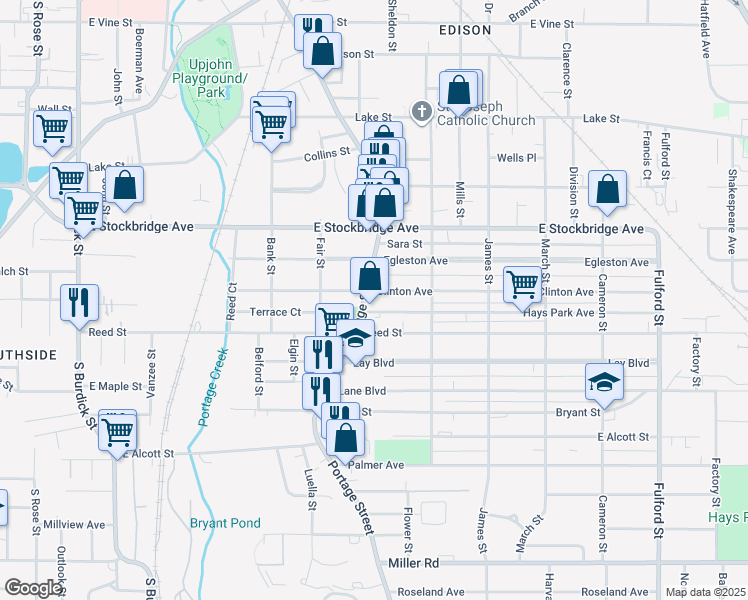 map of restaurants, bars, coffee shops, grocery stores, and more near 1707 Portage Street in Kalamazoo