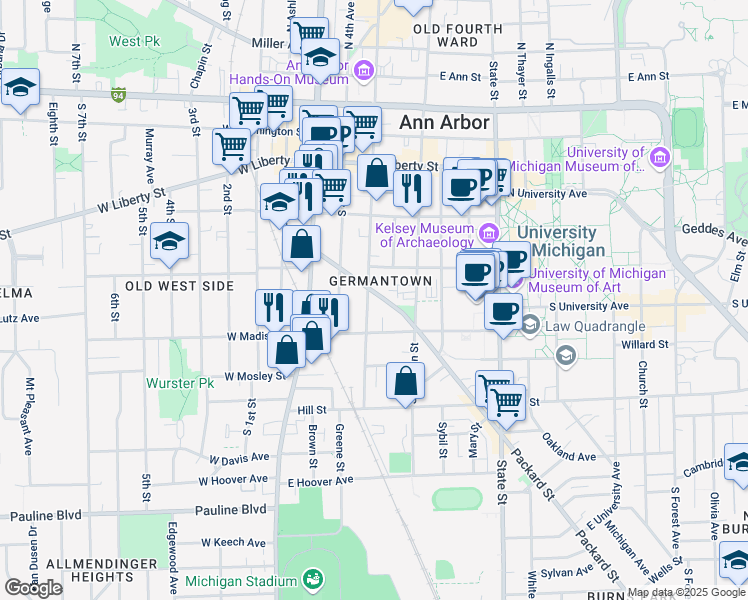 map of restaurants, bars, coffee shops, grocery stores, and more near 308 Packard Street in Ann Arbor