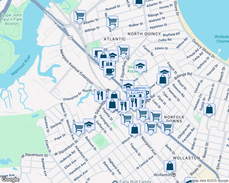 map of restaurants, bars, coffee shops, grocery stores, and more near 9 West Squantum Street in Quincy