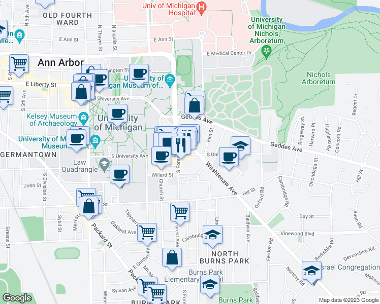 map of restaurants, bars, coffee shops, grocery stores, and more near 1329 South University Avenue in Ann Arbor