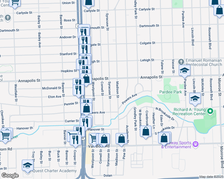 map of restaurants, bars, coffee shops, grocery stores, and more near 4679 Syracuse Street in Dearborn Heights